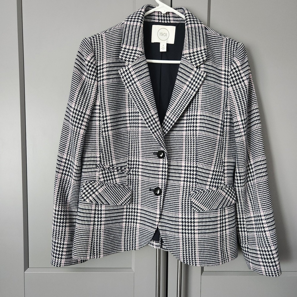 1901 Houndstooth Wool Blend Blazer Women 8 Plaid Jacket Preppy Dark Academia